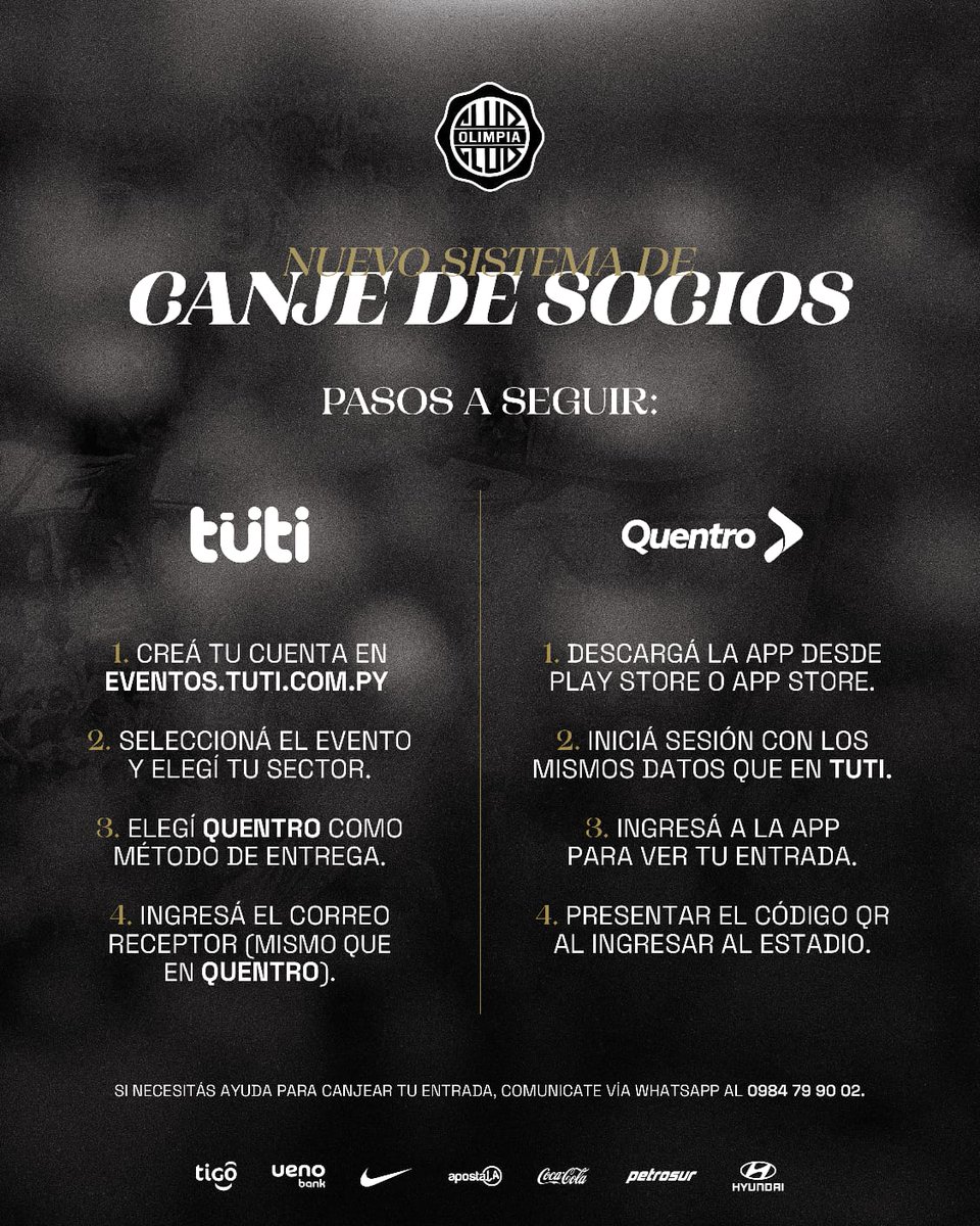 ¡ATENCIÓN, SOCIOS/AS DEL OLIMPIA! 🗣
🆕️ 𝐍𝐮𝐞𝐯𝐨 𝐬𝐢𝐬𝐭𝐞𝐦𝐚 𝐝𝐞 𝐜𝐚𝐧𝐣𝐞.
Seguí atentamente los pasos mencionados en la gráfica para asegurar tu entrada de cara al encuentro del domingo.

📎 eventos.tuti.com.py

🔜 El canje arrancará oficialmente a las 12.00 horas