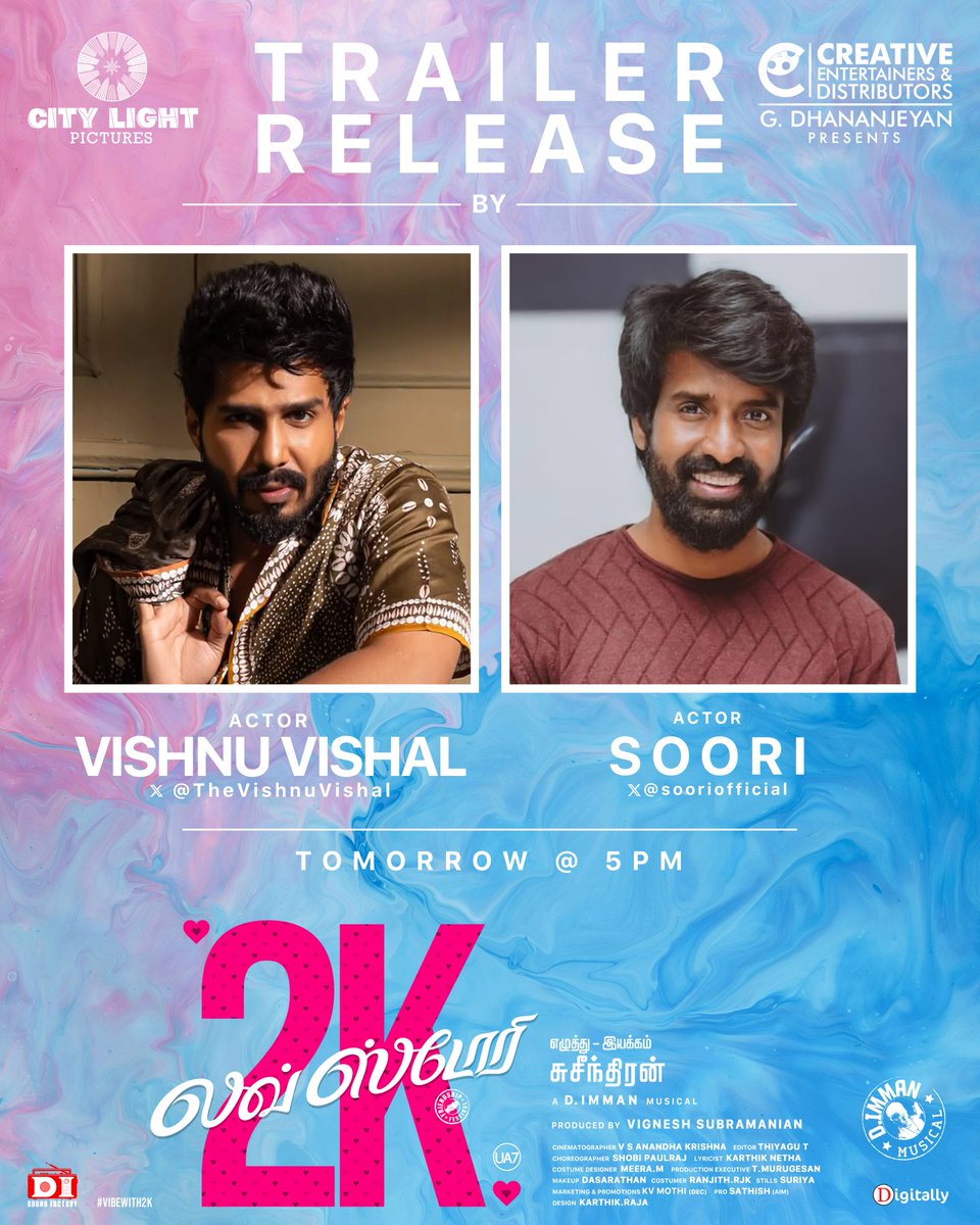 D.IMMAN (@immancomposer) on Twitter photo Kabaddi Champions meet the 2K Kids!
Actors <a href="/TheVishnuVishal/">VISHNU VISHAL - VV</a> & <a href="/sooriofficial/">Actor Soori</a> will unveil <a href="/Dir_Susi/">vennila production</a>'s #2KLoveStory Trailer at 5 P.M. Tomorrow 🏆
A #DImmanMusical
Praise God!
#2KLoveStoryTrailer
#2KLoveStoryfrom14thFeb
<a href="/iamjagaveer/">Jagaveer</a> <a href="/MeenakshiGovin2/">Meenakshi Govindharajan</a> <a href="/CityLightPics/">City Light Pictures</a> Kabaddi Champions meet the 2K Kids!
Actors <a href="/TheVishnuVishal/">VISHNU VISHAL - VV</a> & <a href="/sooriofficial/">Actor Soori</a> will unveil <a href="/Dir_Susi/">vennila production</a>'s #2KLoveStory Trailer at 5 P.M. Tomorrow 🏆
A #DImmanMusical
Praise God!
#2KLoveStoryTrailer
#2KLoveStoryfrom14thFeb
<a href="/iamjagaveer/">Jagaveer</a> <a href="/MeenakshiGovin2/">Meenakshi Govindharajan</a> <a href="/CityLightPics/">City Light Pictures</a>