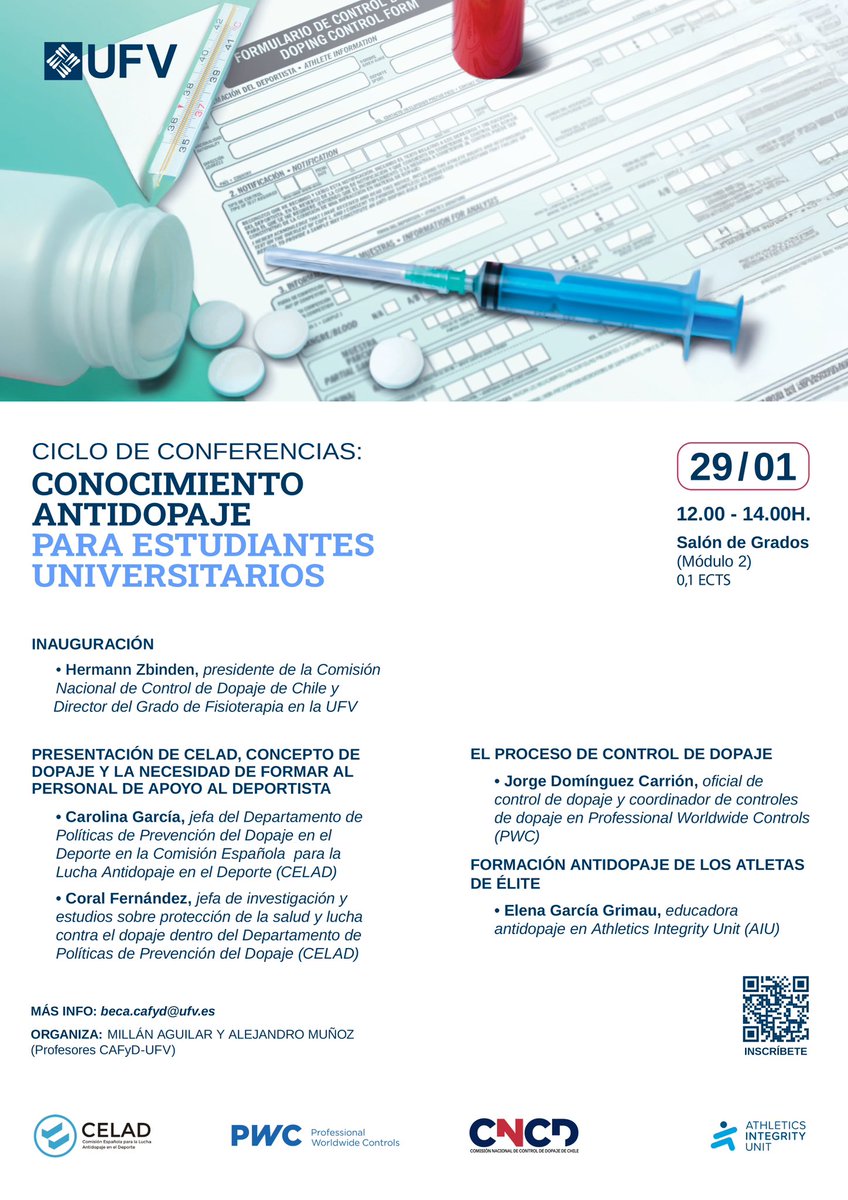 🎙️CICLO DE CONFERENCIAS: CONOCIMIENTO ANTIDOPAJE PARA ESTUDIANTES UNIVERSITARIOS🎓

El próximo miércoles día 29 de enero reuniremos en la <a href="/ufvmadrid/">Universidad Francisco de Vitoria</a> a especialistas del antidopaje en España 🇪🇸 y Chile 🇨🇱