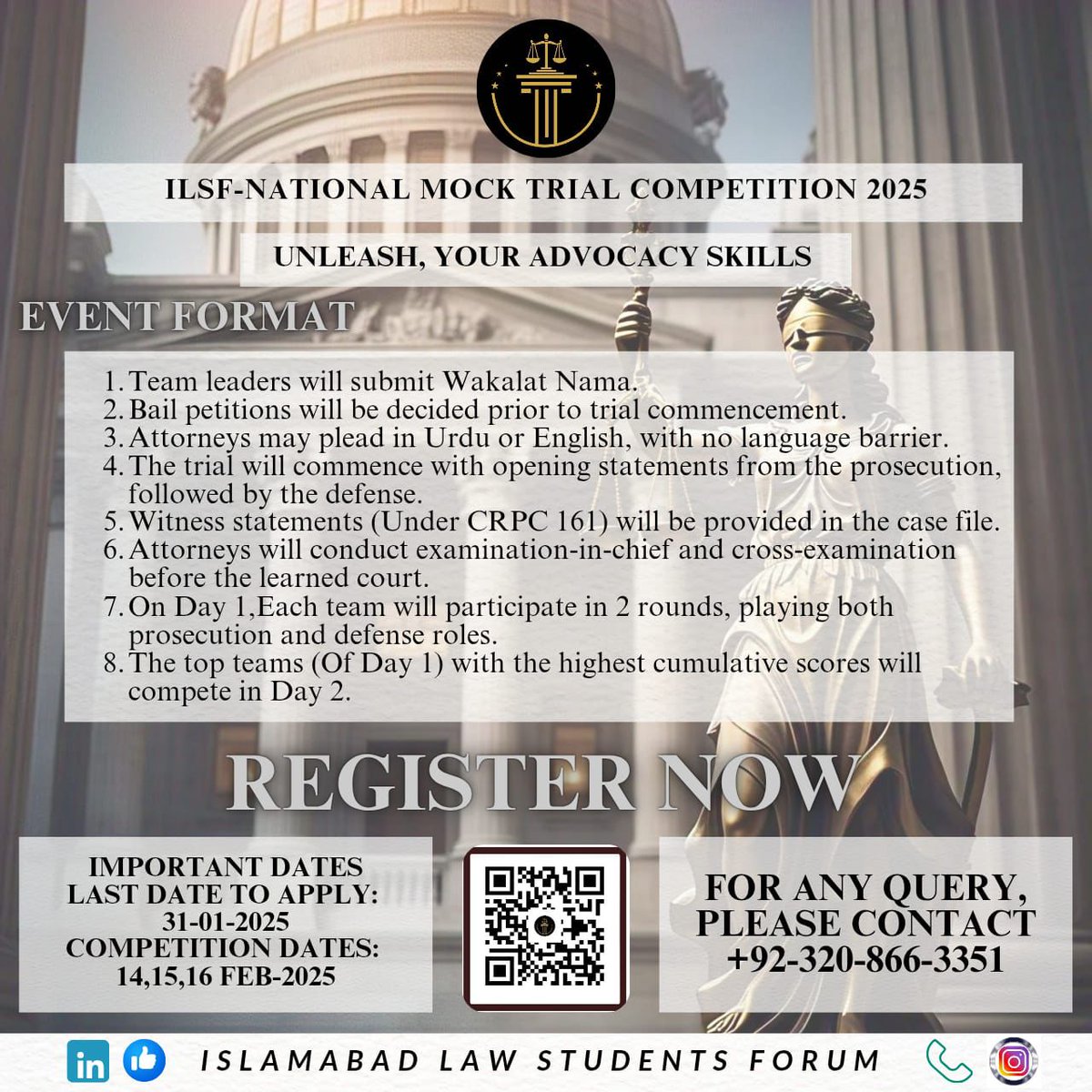 Isblawstudents's tweet photo. *🚨 Exciting News! 🚨*
ILSF-National Mock Trial Competition 2025 (ILSF-NMTC'25)
👉 Register Now: https://t.co/ESUbhuYdGT…
#ILSF #NMTC2025 #LawStudents #MockTrial #Competition #LegalEducation #PakistanLaw https://t.co/AGEXfnLnhS