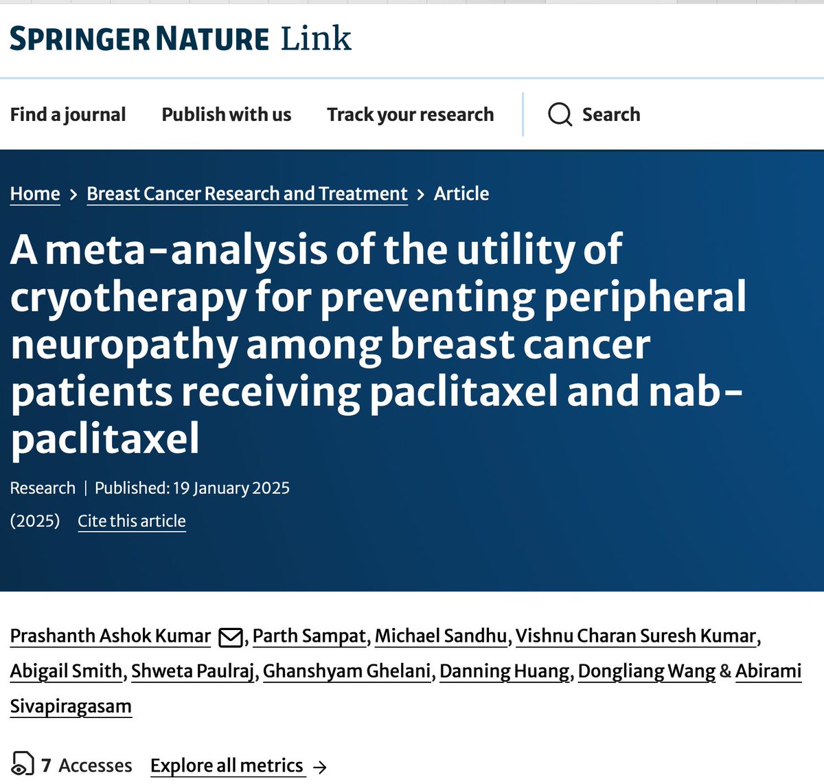A meta-analysis of the utility of cryotherapy for preventing peripheral neuropathy among #BreastCancer patients receiving paclitaxel and nab-paclitaxel 

buff.ly/4jmo1y9 

This study evaluated the efficacy of cryotherapy combined with taxane infusion in preventing