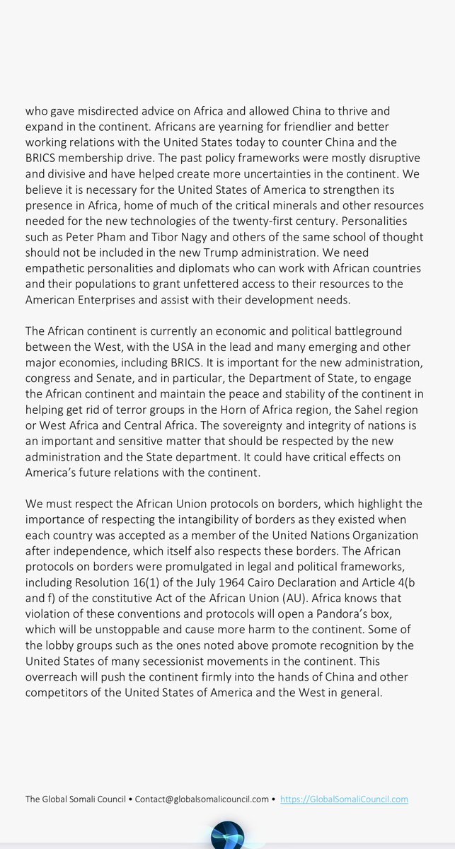 SheiknorQassim's tweet photo. Attached is a letter from the Global Somali Council concerning U.S. policy frameworks in Africa. 

The letter provides important insights and recommendations aimed at enhancing the United States’ engagement and collaboration with African nations.  We would appreciate your attention to this matter and would be thankful for your review and consideration. If you need any further information or would like to discuss the contents of the letter in more detail, please feel free to contact us at the email address below.  

Thank you for your time and consideration.

Best regards,

Global Somali Council
Email: contact@globalsomalicouncil.com 
Website: https://t.co/Mk306hLUt0

@senatefrc @SFRCdems @SenateForeign @HouseForeign @HouseForeignGOP @StateDept @HouseForeign @DeputySecState @StateDeptARS @POTUS45 @IGADsecretariat @US2SOMALIA @SenWarren @SenAmyKlobuchar @SenMcConnell @SenateForeign @WhiteHouse