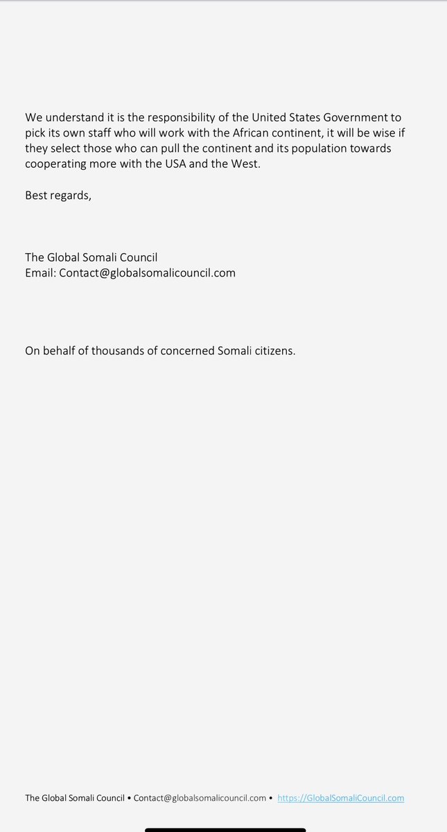 Attached is a letter from the Global Somali Council concerning U.S. policy frameworks in Africa. 

The letter provides important insights and recommendations aimed at enhancing the United States’ engagement and collaboration with African nations.  We would appreciate your