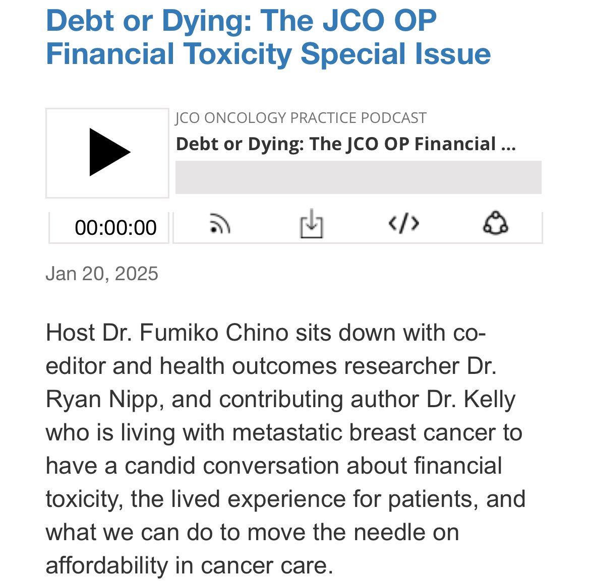 Fumiko Ladd Chino, MD, FASCO (@fumikochino) on Twitter photo 🎙️Beyond excited to host a newly relaunched <a href="/ASCO/">ASCO</a> podcast with 1st episode: "Debt or Dying: The @JCOOP #FinancialToxicity Special Issue".
My guests are Drs <a href="/RyanNipp/">Ryan Nipp, MD, MPH, FASCO</a> (my co-editor) and <a href="/stage4kelly/">Dr. Kelly Shanahan</a> (contributing author to the title piece on the lived experience of patients). 🎙️Beyond excited to host a newly relaunched <a href="/ASCO/">ASCO</a> podcast with 1st episode: "Debt or Dying: The @JCOOP #FinancialToxicity Special Issue".
My guests are Drs <a href="/RyanNipp/">Ryan Nipp, MD, MPH, FASCO</a> (my co-editor) and <a href="/stage4kelly/">Dr. Kelly Shanahan</a> (contributing author to the title piece on the lived experience of patients).