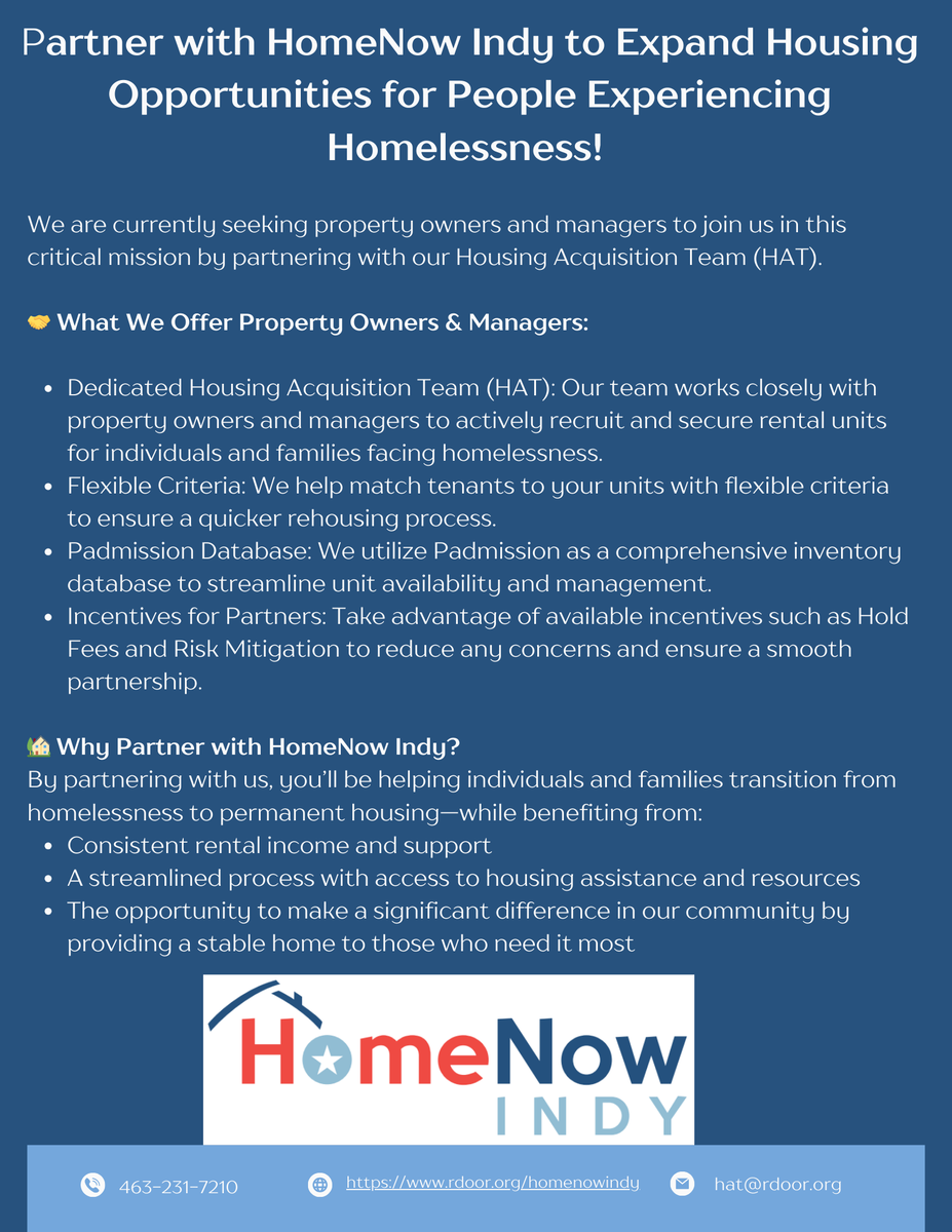 HomeNowIndy's tweet photo. 🌟 Looking for Property Owners &amp; Management to Partner with the HomeNow Indy Initiative! 🌟

The HomeNow Indy Initiative is a coordinated, system-wide effort to help individuals and families experiencing homelessness in Indianapolis secure stable housing. https://t.co/P1EkhvMWMK