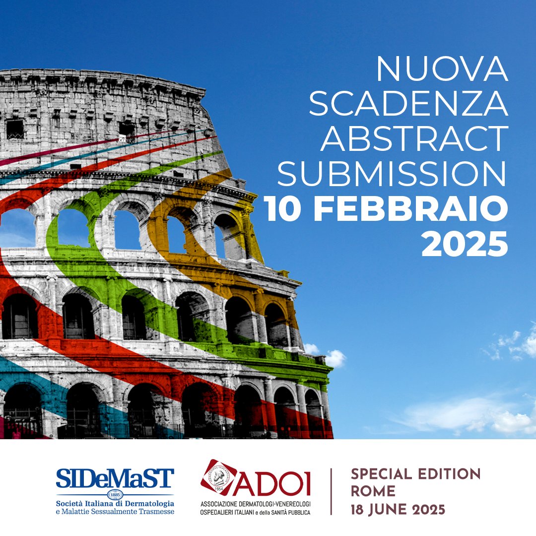 📷 NUOVA SCADENZA!
La scadenza per l'invio degli abstract per la SIDeMaST-ADOI Special Edition 2025, è stata ufficialmente prorogata.

sidemast.org/blog/abstract-…

#SIDeMaST #ADOI #SpecialEdition2025 #AbstractSubmission #Dermatology #ICD2025Rome
