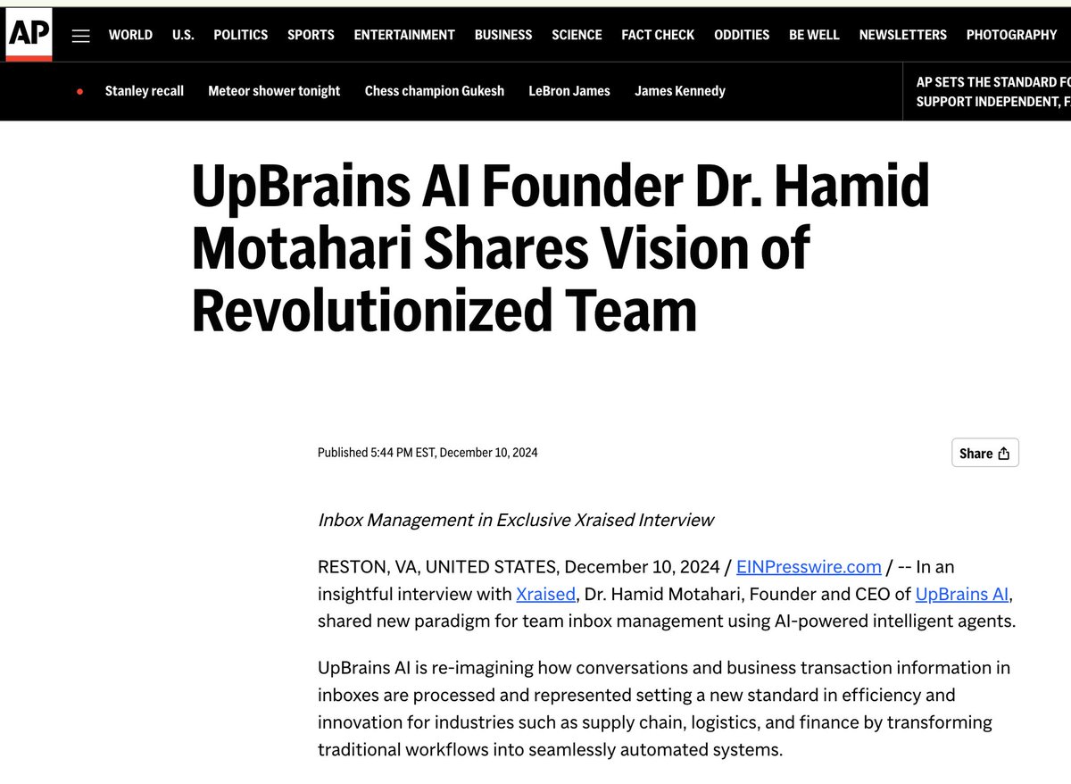 UpbrainsA's tweet image. In an exclusive interview with Xraised, published in more than 200 news outlets, including Associated Press (lnkd.in/eQWU2qr2), our Founder and CEO, Dr. Hamid Motahari (Hamid Motahari) shares vision of revolutionized team inbox management.

#ai #genai #automation #agents