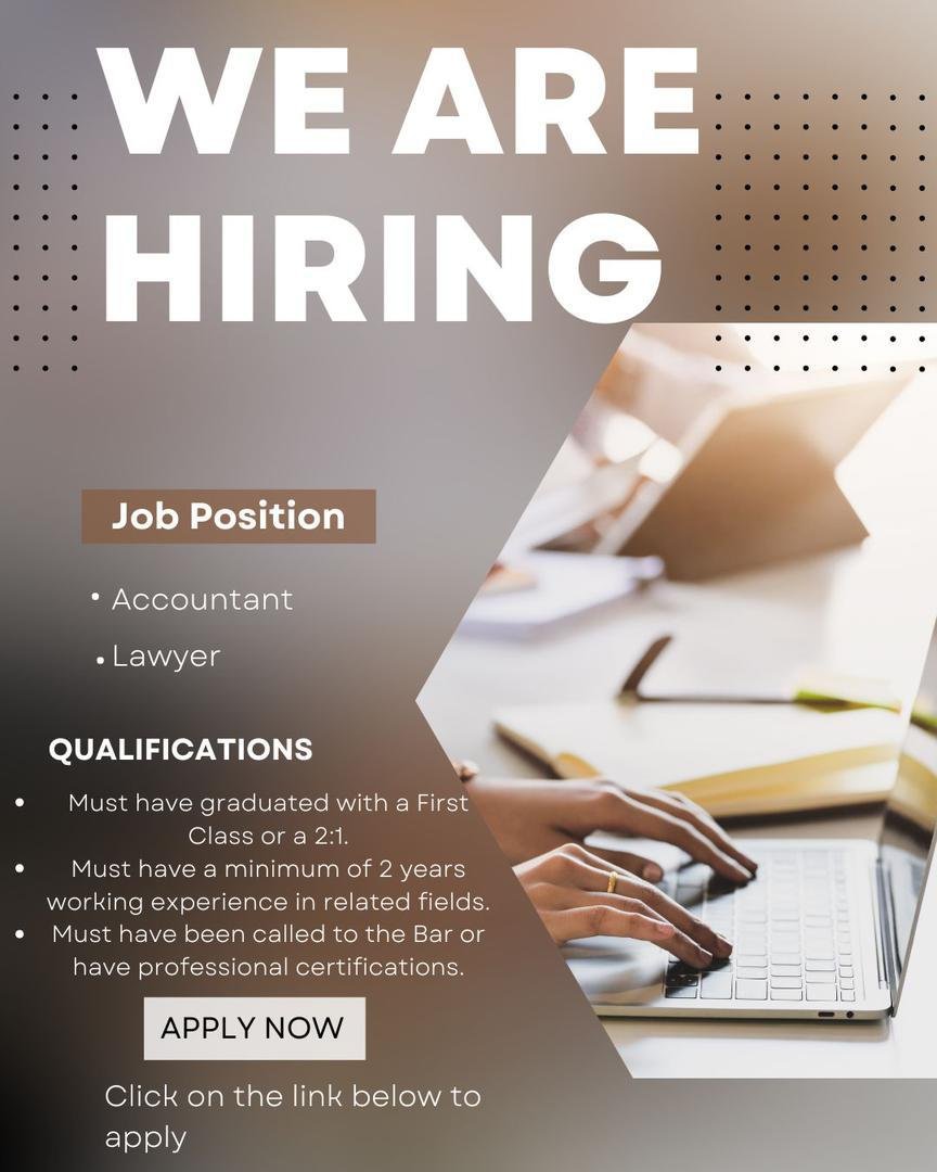 Hiring! 

- Accountant
- Lawyer

Location:Abuja - Maitama and Central Area

If you are an experienced professional with a strong passion and a drive to make a meaningful contribution to our team, we encourage you to fill the form below.   
forms.gle/wV45CSc75KsAu1…