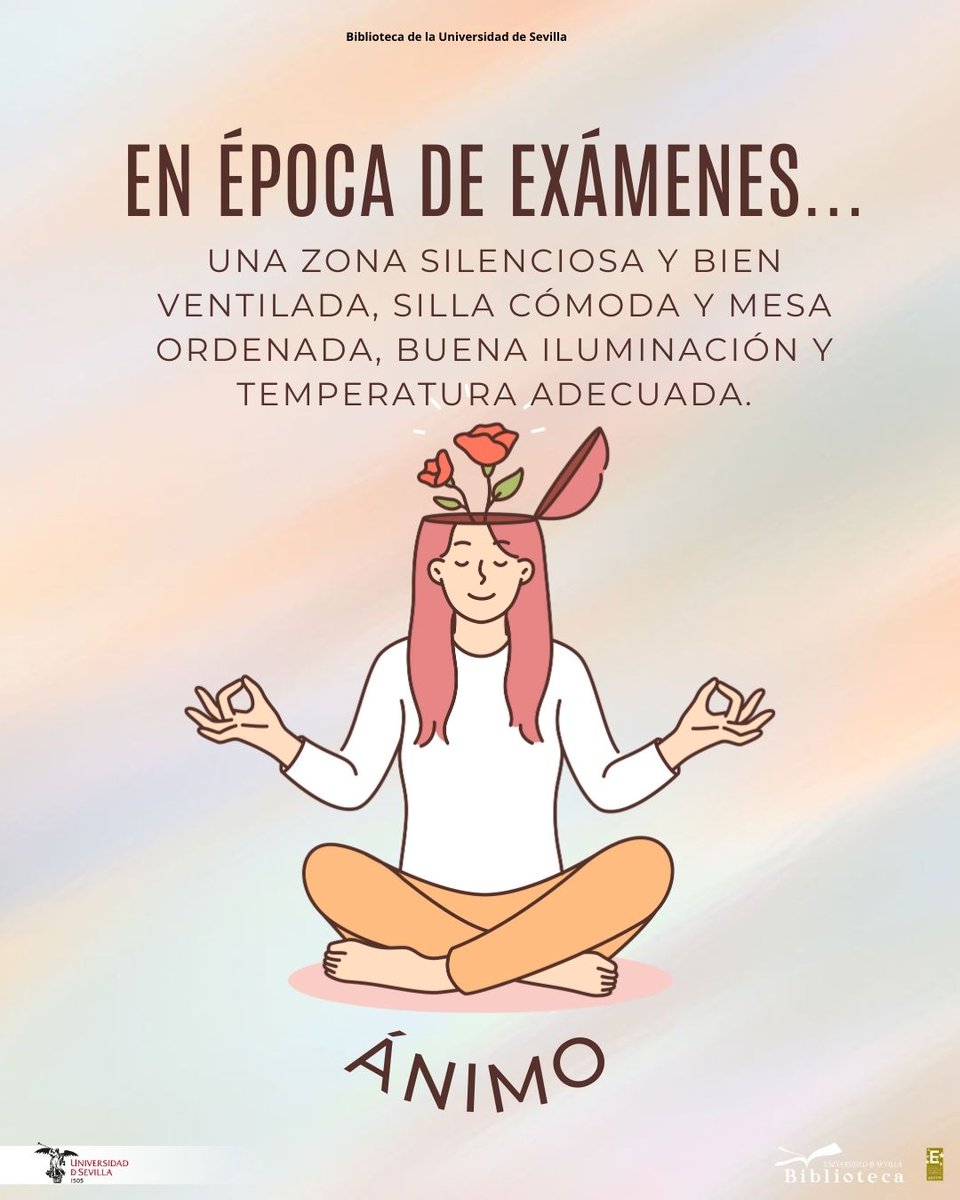 Biblioteca US (@biblioteca_us) on Twitter photo Ánimo, ánimo y más ánimo. Puedes con los exámenes porque sabes más de lo que crees. Así que nervios fuera... y un buen espacio de estudio para estar lo más tranquilo/a posible.
<a href="/unisevilla/">Universidad de Sevilla</a> <a href="/twitCADUS/">Consejo de Alumnos US</a> Ánimo, ánimo y más ánimo. Puedes con los exámenes porque sabes más de lo que crees. Así que nervios fuera... y un buen espacio de estudio para estar lo más tranquilo/a posible.
<a href="/unisevilla/">Universidad de Sevilla</a> <a href="/twitCADUS/">Consejo de Alumnos US</a>