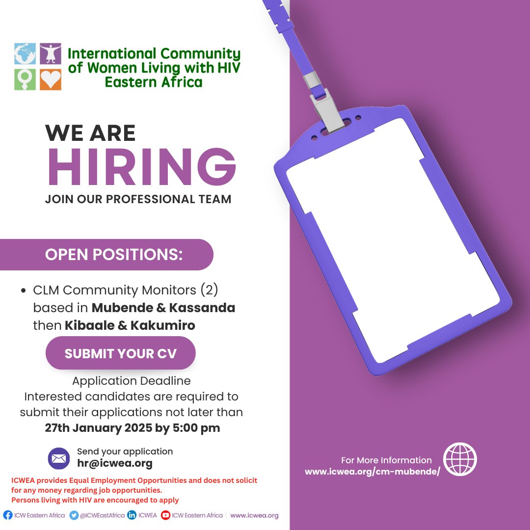 ICWEA (@icweastafrica) on Twitter photo Job Opportunity Alert!
ICWEA is hiring 2 Community Monitors for the CLM project in Mubende & Kasanda, Kibaale & Kakumiro.
📅 Deadline: 27th Jan 2025, 5 PM
👉 Full details: icwea.org/cm-mubende/
Cc: <a href="/hepsuganda/">HEPS-Uganda</a> | <a href="/UNAIDS_UG/">UNAIDS Uganda</a> <a href="/PEPFAR/">PEPFAR</a> | <a href="/MichaelOkot4/">Michael Okot</a>
#CommunityActions4Change Job Opportunity Alert!
ICWEA is hiring 2 Community Monitors for the CLM project in Mubende & Kasanda, Kibaale & Kakumiro.
📅 Deadline: 27th Jan 2025, 5 PM
👉 Full details: icwea.org/cm-mubende/
Cc: <a href="/hepsuganda/">HEPS-Uganda</a> | <a href="/UNAIDS_UG/">UNAIDS Uganda</a> <a href="/PEPFAR/">PEPFAR</a> | <a href="/MichaelOkot4/">Michael Okot</a>
#CommunityActions4Change