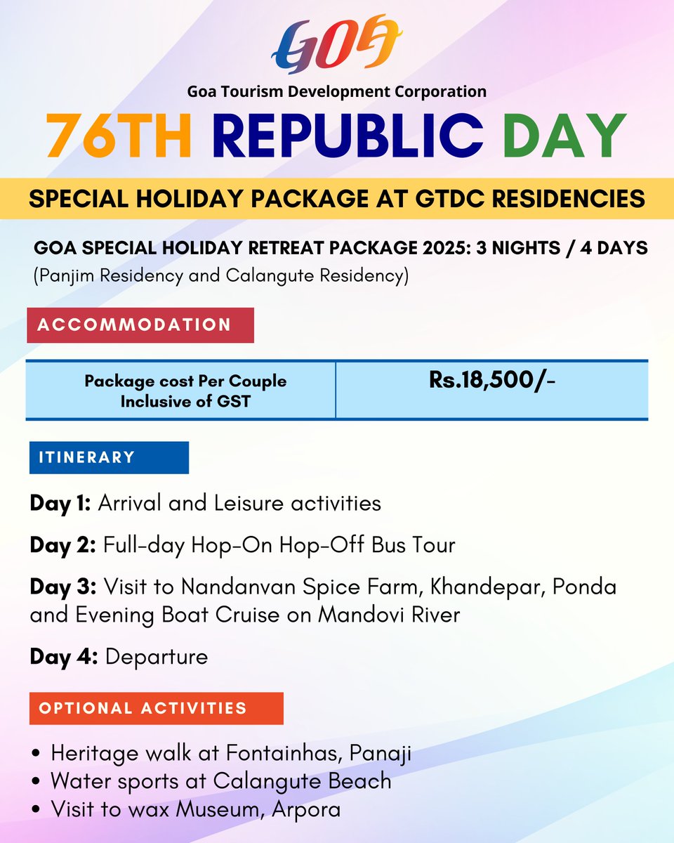 TourismGoa's tweet photo. Mark Republic Day with an unforgettable getaway to Goa! With its breathtaking landscape and lively cultural scene, your perfect holiday is just a click away.
π Start planning: https://t.co/HyKjXTNAF0
#GoaTourism #RegenerativeTourism #RepublicDay #GoaHolidayPackages #Goa https://t.co/BwxBGlTHtz