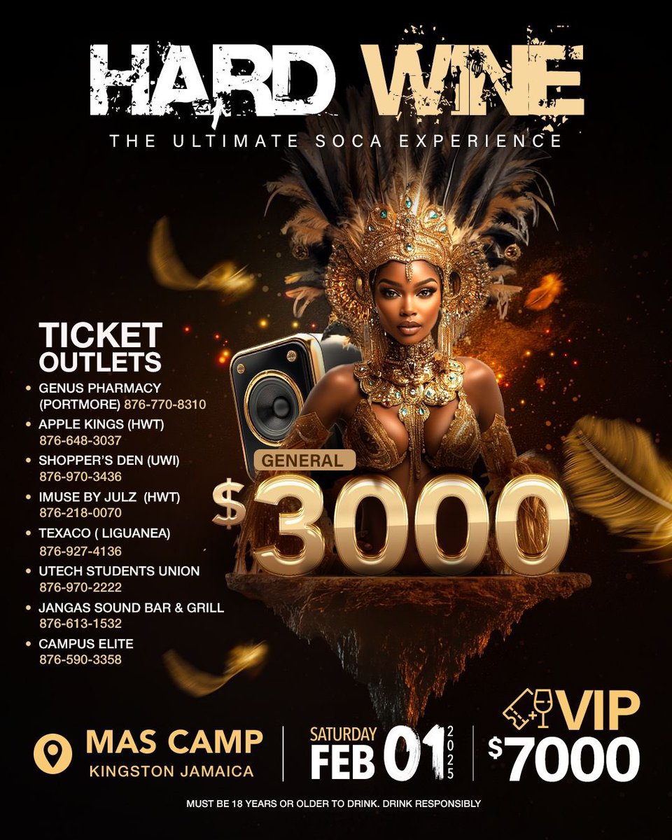 HARDWINEJA's tweet image. It’s the ‘Pardy’ you deserve! Hard Wine: The Ultimate Soca Experience 🎶

🎟️ PRE-SOLD TICKETS ARE NOW AVAILABLE! 

Get ready to feel the biggest soca vibes at Mas Camp on Feb 1st, 9 PM - 2 AM.

Online Outlets: (LINK IN BIO) 

Don’t miss out!

#HardWine #SocaVibes #MasCamp