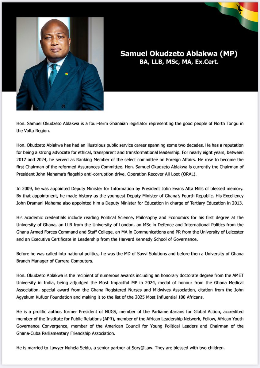 S_OkudzetoAblak's tweet photo. I am enormously thankful to His Excellency John Dramani Mahama for nominating me to serve as Ghana’s Foreign Minister.

My solemn pledge is to diligently assist President Mahama in championing Ghana’s best interest at all times, with unquestionable patriotism, innovation and integrity.

Immense gratitude to my family, North Tongu, NDC, and all amazing Ghanaians for the incredible support throughout the years. 

I won’t let you down. 

Let’s do it, for God and Country.