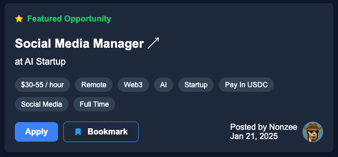 Hiring now!

I’m continue building a team.

An innovative web3 AI startup, backed by over $12M in funding, is growing, and I'm on the hunt for a talented Social Media Manager to join us on this exciting journey.

What we’re offering:

• Full-time position: 40 hours/week
• No