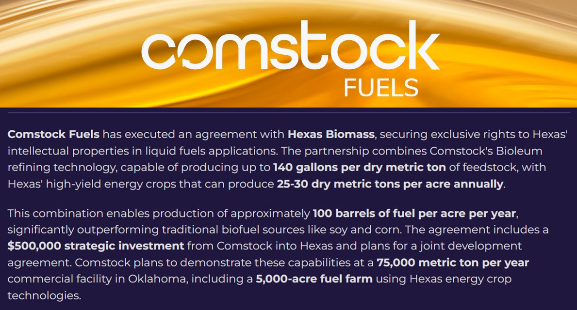 JohnZidar's tweet photo. $LODE - Comstock Fuels 
🔹Executes Agreement With Hexas Biomass
🔹Technology enables production of 100 barrels of fuel per acre annually, vastly exceeding traditional biofuel yields

👆 1/9% PreM/ $0.30 https://t.co/Hn4rYGPYov