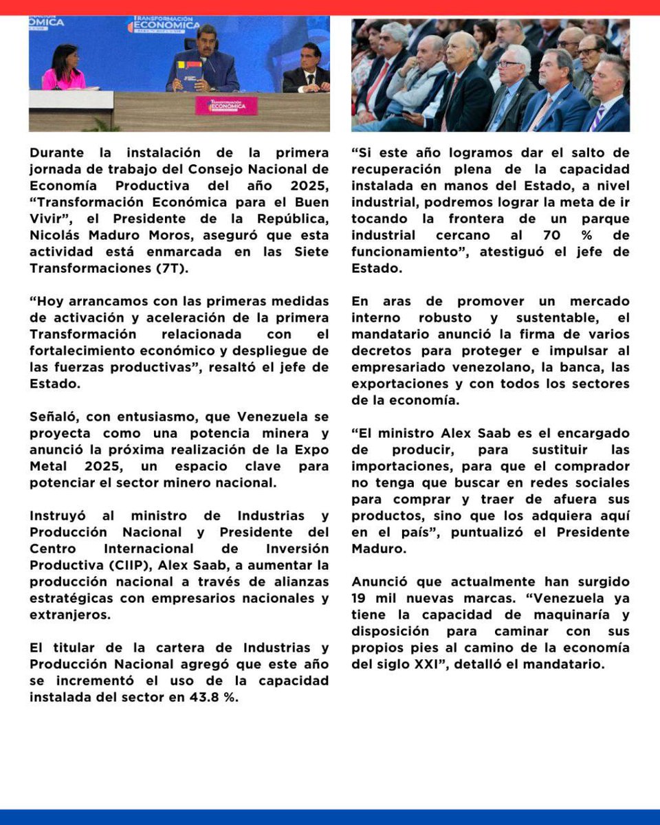 “Aquí empezando la semana, 20 de enero, día bonito para Venezuela porque hoy arrancamos por lo alto, activando la primera gran transformación económica, la T número uno, la T de la economía. El plan de las siete T activado, activadísimo, fantástico, maravilloso”

Presidente de la