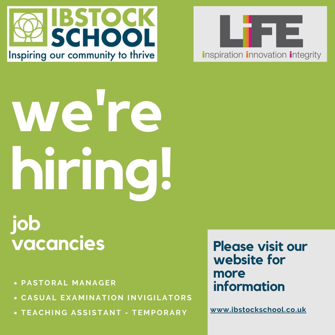 As part of our continued growth, we have vacancies for a pastoral manager, teaching assistant and casual examination invigilators to join our team.  
Please visit our website for more information and application details - ibstockschool.co.uk/content/vacanc…
