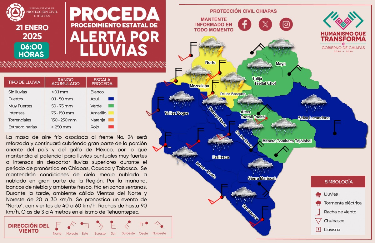 pcivilchiapas's tweet photo. #Proceda || Se esperan #Lluvias intensas en las regiones: Norte, Mezcalapa, y De los Bosques; así como #lluvias muy fuertes en las regiones: Tulijá Tseltal Chol,  Altos Tsotsil Tseltal, Maya y Meseta Comiteca Tojolabal.

Para las demás regiones se esperan #lluvias fuertes.

Atento a los avisos oficiales en medios de comunicación.

¡Reporte #Emergencias al 911!