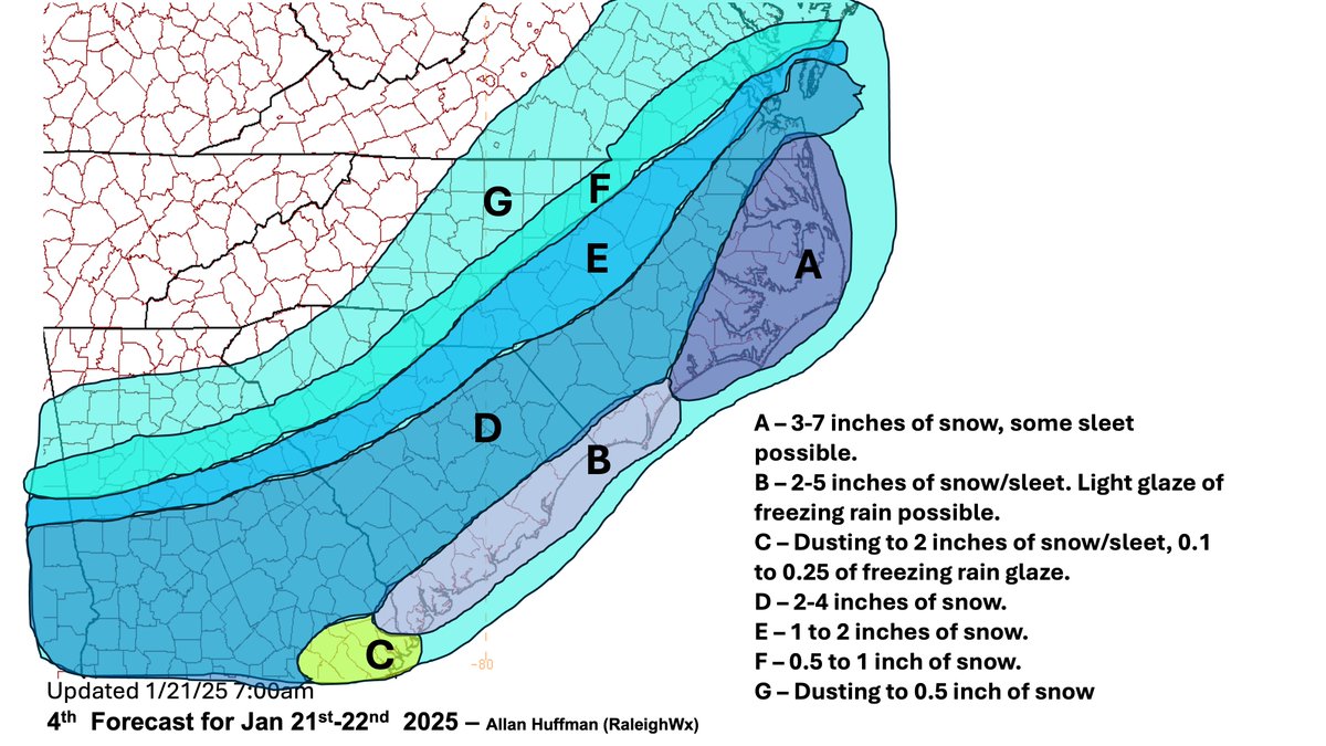 RaleighWx's tweet photo. Here is my updated forecast map. I have increased totals across the board as you would probably expect https://t.co/o2WZAKDwbY