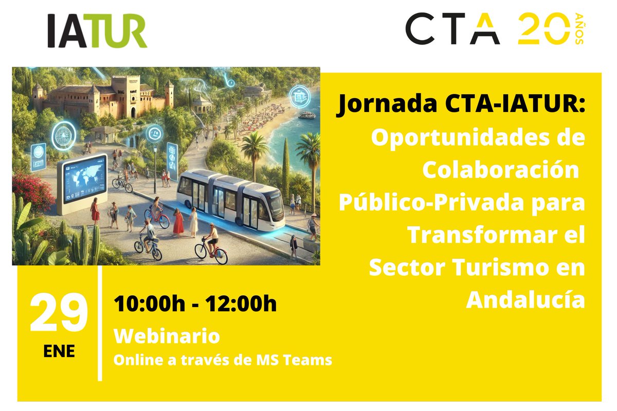 CTAndalucia's tweet image. 🛎️ No te pierdas la jornada online CTA-@IaturTurismo: "#Oportunidades de #colaboración público-privada para #transformar el #sectorTurístico en Andalucía " 🙌

Y descubre cómo revolucionar este sector a través de la innovación tecnológica. ¡Participa!

🗓️ 29/01/25
✏️ Inscríbete