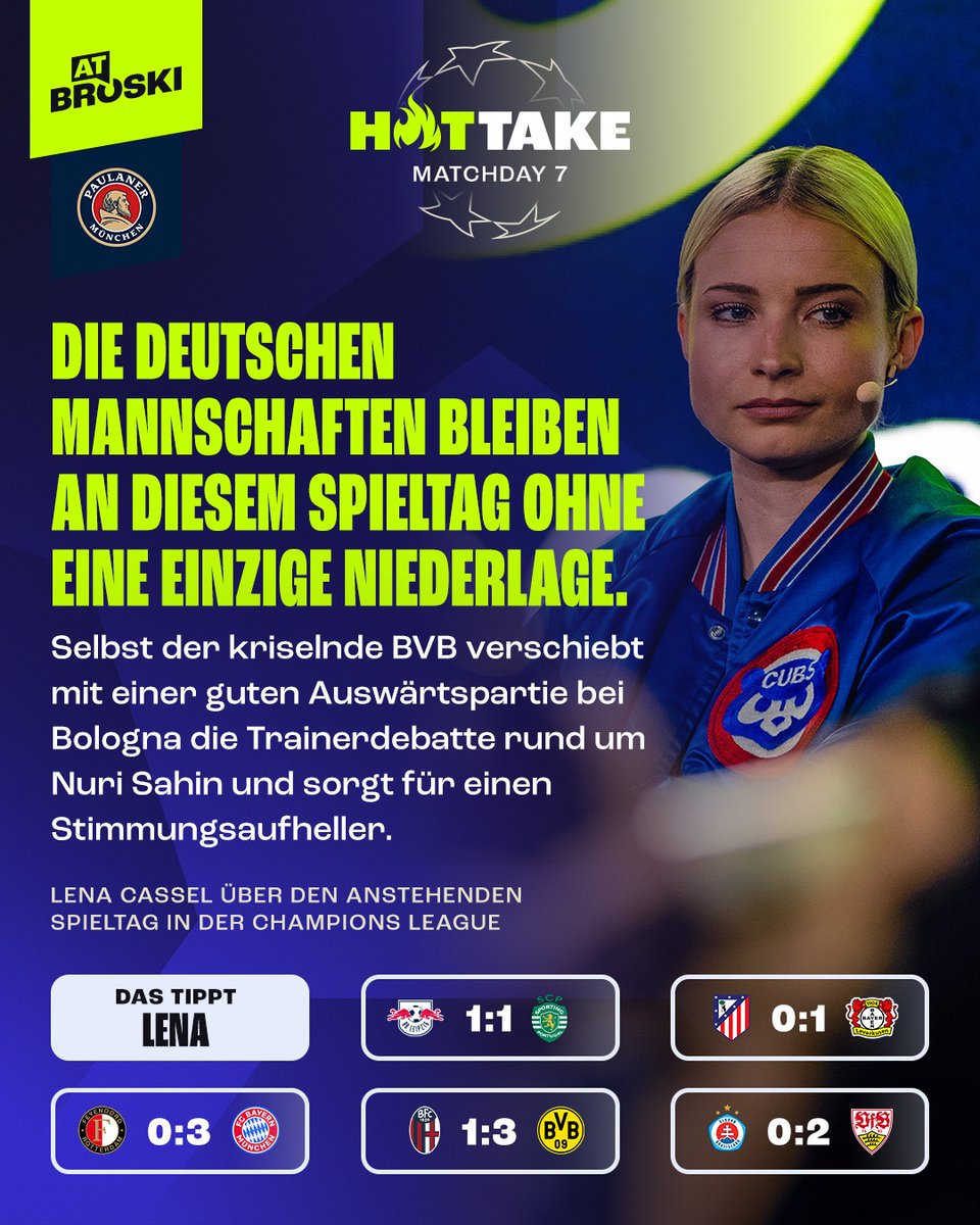 At Broski - Die Sport-Show (@atbroskishow) on Twitter photo Heute Abend geht es auch endlich wieder mit der Champions League weiter! ✨🔥
<a href="/casselberger/">Casselberger</a> hat für uns die Partien der deutschen Teams getippt. 👀
Was sagt ihr? Heute Abend geht es auch endlich wieder mit der Champions League weiter! ✨🔥
<a href="/casselberger/">Casselberger</a> hat für uns die Partien der deutschen Teams getippt. 👀
Was sagt ihr?
