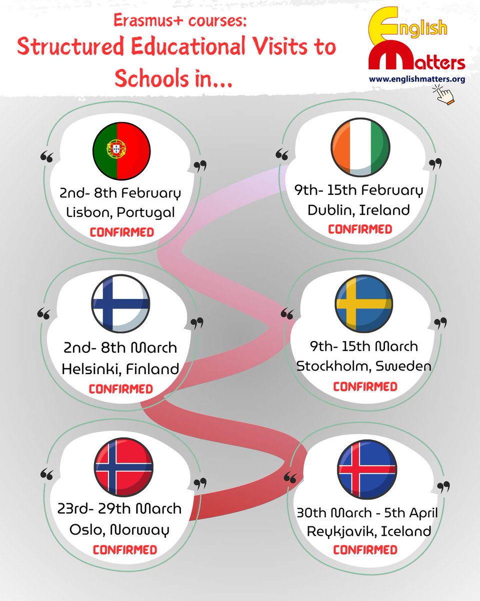 Interested in learning about other Educational Systems and schools in Europe? Join our Erasmus+courses: Structured educational visit to schools and training seminars in Ireland📷, Finland📷, Iceland📷, Portugal📷, Sweden📷 or Norway📷.
Register online : 📷englishmatters.org