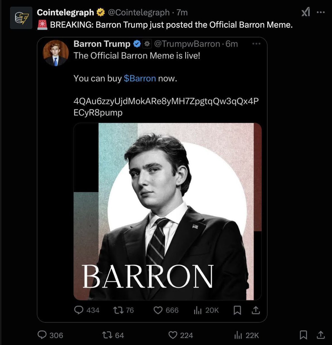 DMSvoice's tweet photo. 🚨BREAKING NEWS: BARRON TRUMP PALSU BERHASIL MENIPU INVESTOR KRIPTO MENCAPAI 1,2 TRILIUN, HANYA DALAM SEHARI

Sebuah akun X (diduga asal Indonesia) dengan follower 1 jt lebih, berhasil menipu para investor crypto hingga mencapai $73 Juta atau setara Rp1,2 Triliun hari ini.

Modus yang digunakan oleh akun —yang biasanya aktif menyebarkan konten dewasa tersebut—adalah dengan menyamar sebagai anak Donald Trump, yaitu Barron Trump, lalu mengumumkan kepada para followernya bahwa ia baru saja merilis koin baru bernama $BARRON.

Sontak saja para followernya langsung membeli koin tersebut, karna khawatir akan kehilangan momentum pasar seperti saat koin $TRUMP dirilis sebelumnya.

Kondisi ini ikut diperparah dengan adanya endorsement yang dilakukan oleh beberapa akun besar, yang selama ini aktif mereview pasar kripto, salah satunya @Cointelegraph, sehingga para investor menjadi sangat yakin dengan keputusan mereka untuk membeli koin scam tersebut.

Berdasarkan hasil investigas yang kami lakukan, akun yang bernama @tantemeilany (yang diduga sebagai pelaku scam tersebut) awalnya menghapus semua postingan lama yang pernah dibuatnya, lalu dalam 24 jam terakhir, setelah mengganti profile akunnya sebagai Barron Trump, mulai merepost konten-konten luar negeri yang berkaitan dengan aktivitas Trump dan keluarganya.

Koin scam $BARRON ini sempat mencapai Market Cap hingga $72,78 juta dan setelah itu anjlok lebih dari 99% hanya dalam 1 menit, karena si penipu tersebut diduga menjual seluruh supply yang ia miliki.

Setelah sukses mengeruk dana investor, akun @TrumpwBarron alias @tantemeilany tersebut langsung menghapus semua postingan yang berkaitan dengan aksi kejahatannya itu.