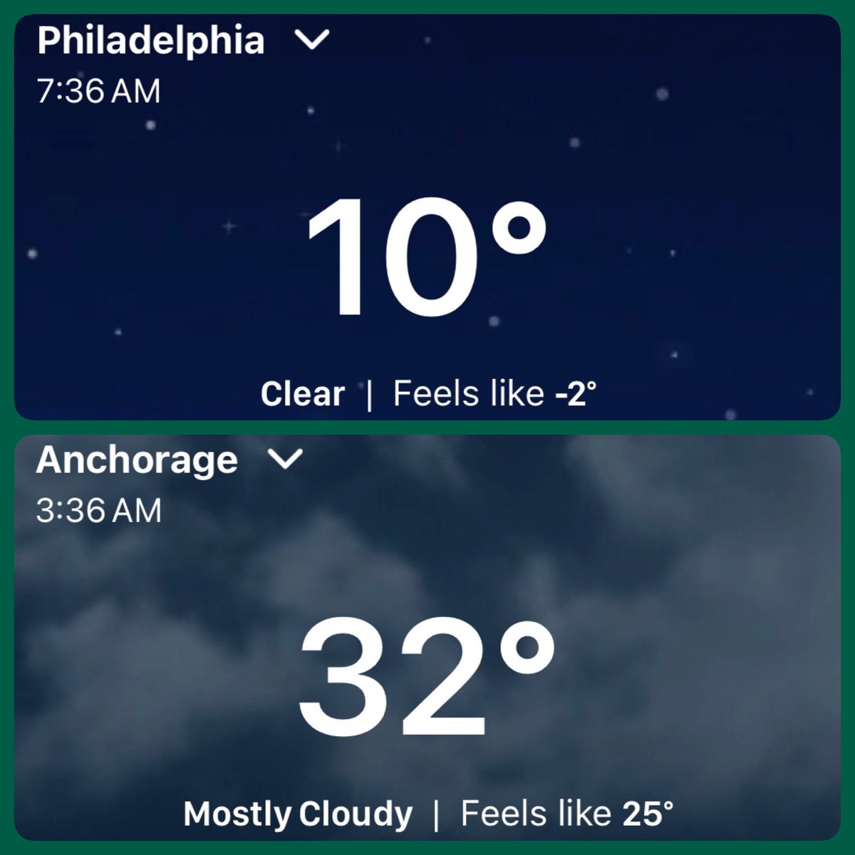 Tammie Souza Weather (@tammiesouza) on Twitter photo WOW 😮 #chillyinphilly #philadelphia 10° and Anchorage 32° 🥶 it’s more than 3 times warmer in Anchorage Alaska this morning #crazywinter#deepfreeze #polarpush #bundleup <a href="/CBSPhiladelphia/">CBS Philadelphia</a> <a href="/katebilo/">Kate Bilo CBS3</a> <a href="/GrantGilmoreWX/">Meteorologist Grant Gilmore</a> <a href="/BillKellyWX/">Bill Kelly</a> <a href="/AndrewKozakTV/">Andrew Kozak TV</a> <a href="/NWS_MountHolly/">NWS Mount Holly</a> WOW 😮 #chillyinphilly #philadelphia 10° and Anchorage 32° 🥶 it’s more than 3 times warmer in Anchorage Alaska this morning #crazywinter#deepfreeze #polarpush #bundleup <a href="/CBSPhiladelphia/">CBS Philadelphia</a> <a href="/katebilo/">Kate Bilo CBS3</a> <a href="/GrantGilmoreWX/">Meteorologist Grant Gilmore</a> <a href="/BillKellyWX/">Bill Kelly</a> <a href="/AndrewKozakTV/">Andrew Kozak TV</a> <a href="/NWS_MountHolly/">NWS Mount Holly</a>