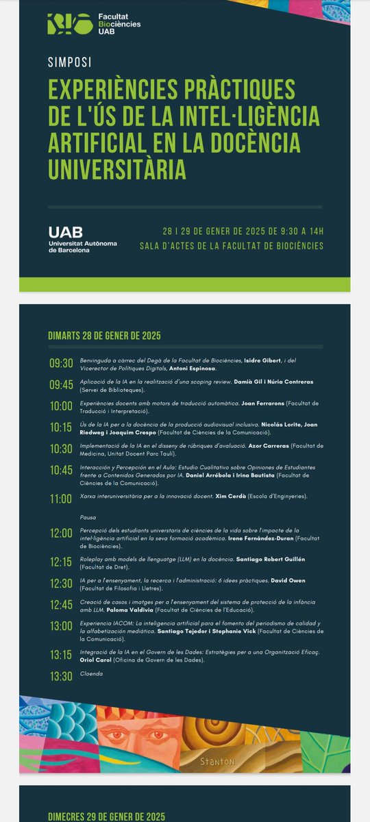 Aquest proper dimarts 28, participaré juntament amb <a href="/irina_bautista/">Irina Bautista</a> al simposi d'experiències IA organitzat per <a href="/uabbiociencies/">Facultat de Biociències UAB</a> 

Presentarem els nostres resultats sobre la percepció i interacció dels nostres alumnes de 1er curs envers la IA amb generació de continguts 👌🧠⌨️