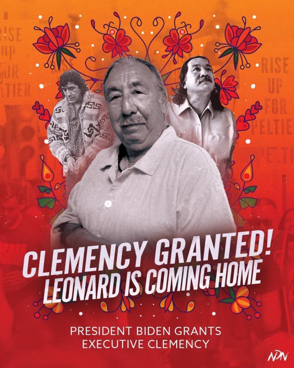 Incomindios's tweet image. Leonard Peltier wird nach 50 Jahren unrechtmässiger Inhaftierung aus der Haft entlassen. Als eine seiner letzten Amtshandlungen hat Joe Biden seine Haftstrafe in Hausarrest umgewandelt.  Das ist ein historischer Sieg für die indigene Basisbewegung! #JusticeForLeonardPeltier