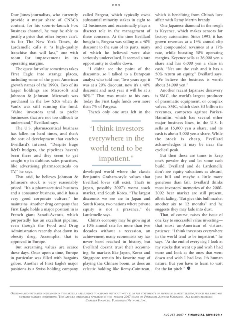 F_Compounders's tweet photo. “During his 25 years managing First Eagle Global Fund, he suffered only two down years, with a combined loss of less than 2%”

Great article on Jean-Marie Eveillard https://t.co/sBOqdtlK6P