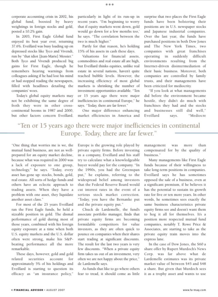 F_Compounders's tweet photo. “During his 25 years managing First Eagle Global Fund, he suffered only two down years, with a combined loss of less than 2%”

Great article on Jean-Marie Eveillard https://t.co/sBOqdtlK6P