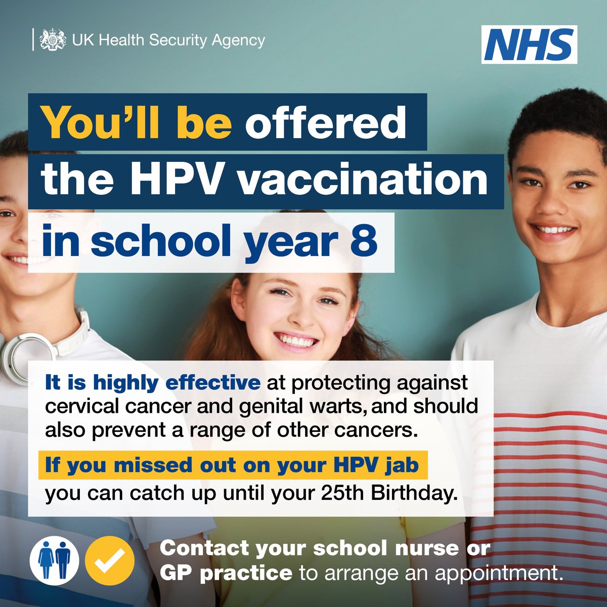 UK Health Security Agency (@ukhsa) on Twitter photo The #HPV vaccine offers long-lasting protection against developing HPV-related cancers and plays a vital role in #CervicalCancerPrevention. 🎗
If you’ve missed your HPV jab, find out if you're eligible for a catch-up by visiting the NHS webpage. 🔗
nhs.uk/vaccinations/h… The #HPV vaccine offers long-lasting protection against developing HPV-related cancers and plays a vital role in #CervicalCancerPrevention. 🎗
If you’ve missed your HPV jab, find out if you're eligible for a catch-up by visiting the NHS webpage. 🔗
nhs.uk/vaccinations/h…