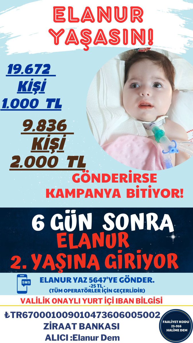 smaelanurdem's tweet photo. Elanur’un 2. yaş gününe sadece 6 gün kaldı ve bu süre zarfında kampanyamızı tamamlamak istiyoruz. Elanur’un ilacına kavuşabilmesi için hep birlikte onun elinden tutalım ve onu Dubai’ye gönderelim. Sizlerin desteğine ihtiyacımız var.

AdilOlun BirlikteAffedin / Tanju / Allah'tan / Turizm / Kürşad Zorlu / #Bolu / #ŞampiyonlarLigi