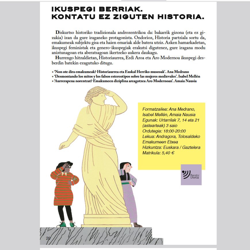 Tolosarrak! Gaur arratsaldeko 18:00etan Tolosaldeko Emakumeen Etxean "Kontatu ez ziguten Historia"ri buruz solastuko gara. Berpizkunde bezala ezagutzen dugun hori, norentzat izan zen argitsua? Norentzat izan zen aurrerapen garaia? Emakumeentzat behintzat ez.
