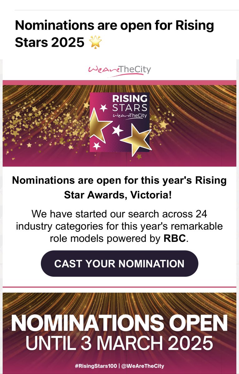 Victoria Kinkaid (@vkinkaid11) on Twitter photo Just got this lovely reminder that <a href="/WeAreTheCity/">WeAreTheCity</a> Rising Star award nominations are open for 2025β¨
Get your nominations in, and even self nominate!β€οΈ
Having won a Rising Star award in 2022, I can safely say that these awards truly are life changing! Just got this lovely reminder that <a href="/WeAreTheCity/">WeAreTheCity</a> Rising Star award nominations are open for 2025β¨
Get your nominations in, and even self nominate!β€οΈ
Having won a Rising Star award in 2022, I can safely say that these awards truly are life changing!