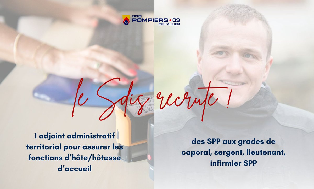Pompiers03's tweet photo. [#RECRUTEMENT]
📩Le SDIS de l’Allier recrute :
▶️Plusieurs SPP : grade de caporal, sergent, lieutenant, infirmier.
▶️1 adjoint administratif territorial.
🗓️Date limite de candidature : 20/02/2025.
👉Tous les détails ici : https://t.co/QTPNsRjjas https://t.co/YYNY0tyumF