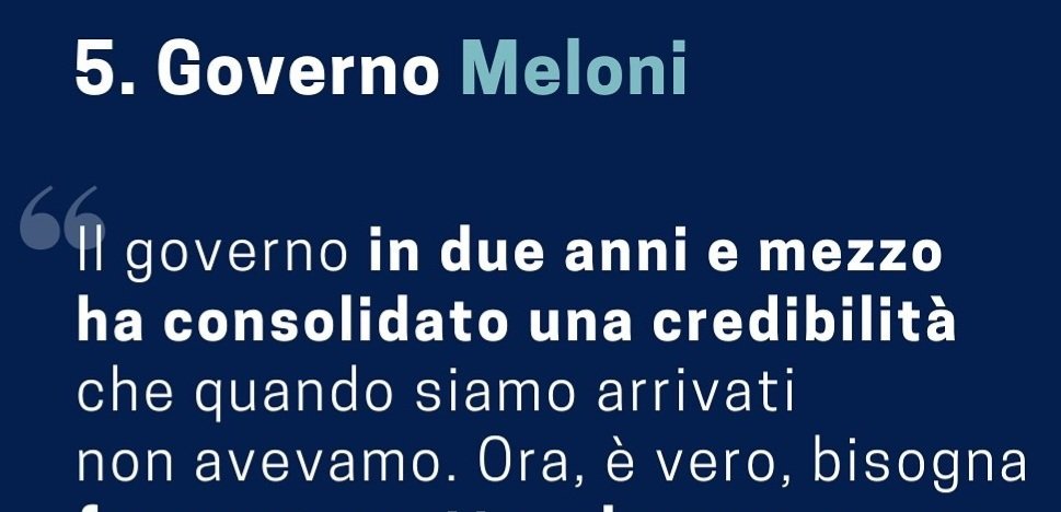 Mosquitas77's tweet photo. Crosetto, nell'intervista di oggi del direttore Cerasa a @ilfoglio_it, dice: "il governo in due anni e mezzo ha consolidato una credibilità che quando siamo arrivati non avevamo".
Mantra che ripetono un po' tutti nelle maggioranza. 

Con tutto il rispetto, non condivido questo passaggio. Il governo precedente guidato da Mario Draghi, il cui prestigio a livello europeo ed internazionale non ha confronto, quella credibilità l'aveva già, portando l'Italia ad una rispettabilità europea che mancava da molti anni. 
Inoltre, ricordiamo alla Meloni, che grazie sempre all'eredità lasciata da Draghi ha potuto vivere per due anni di rendita. 

Ora il barile è vuoto e non basterà più volare da un aereo all'altro a scarttarsi selfie, da collezionare come figurine Panini, in giro per il mondo. 🍀