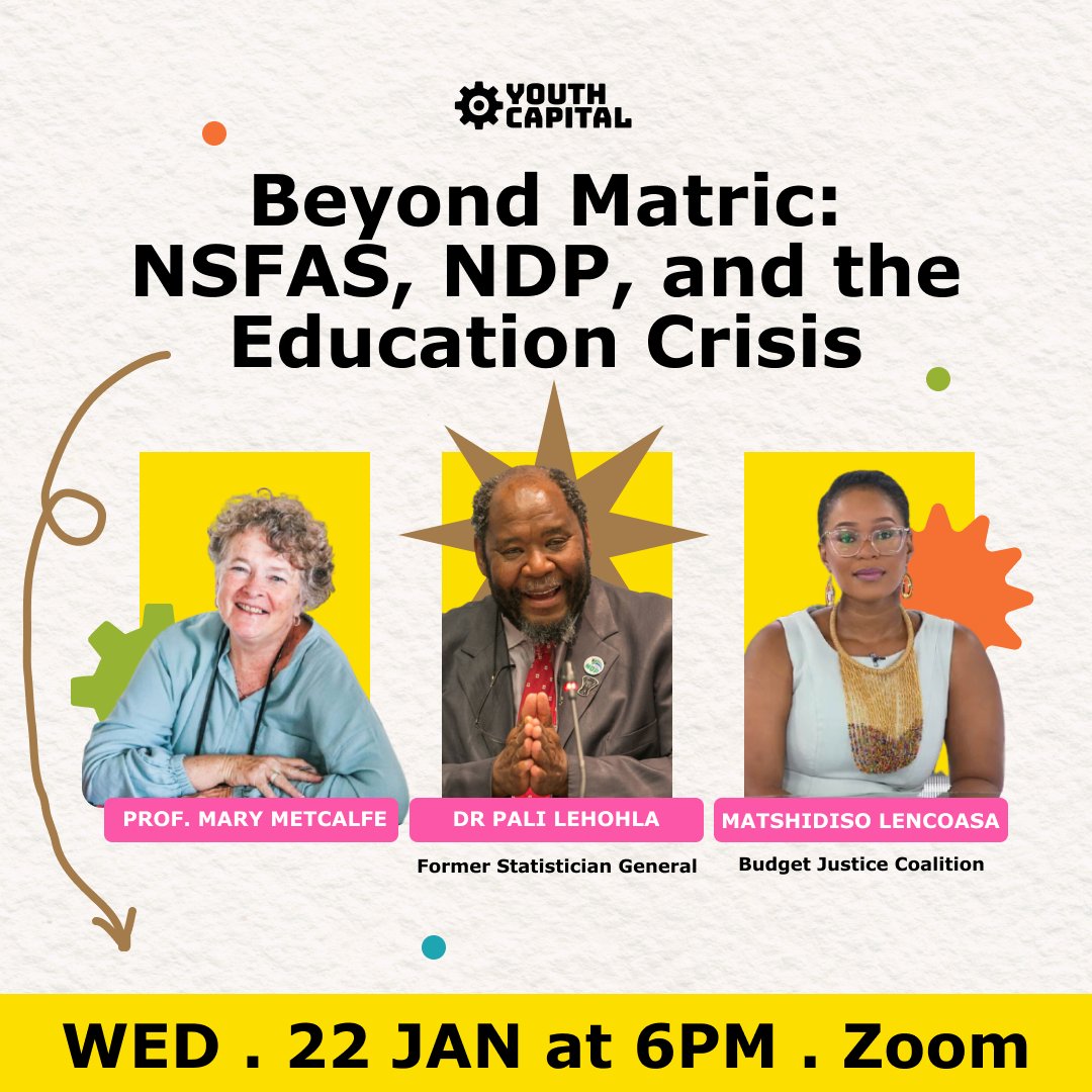 [TOMORROW] Hooray for matric results✨But what's happening with <a href="/myNSFAS/">NSFAS</a> ? and are we on track to achieve our education goals🥅? What about budget cuts by <a href="/TreasuryRSA/">National Treasury</a> ?

Join us at 6pm and discuss this with Prof <a href="/metcalfemary11/">Mary Metcalfe</a> , <a href="/palilj01/">Pali Lehohla</a>  and Matshidiso Lencoasa from