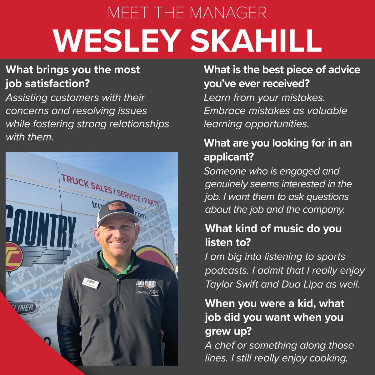 TruckCountry1's tweet image. During his 12 years with Truck Country, Wesley Skahill has ventured every which way. Moving up the ranks, Skahill worked at five dealerships — including one twice — across three states. 

#MeetTheManager #NorthChicago #TruckParts
