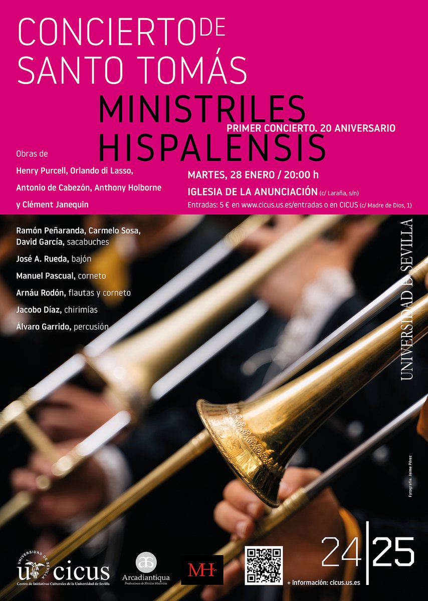 CICUS_'s tweet image. 🎶 El martes 28 de enero, 20 h, @unisevilla celebra la onomástica del patrón académico Sto Tomás con un concierto de @M_Hispalensis en la Iglesia de la Anunciación.
ℹ️ cicus.us.es/stotomas2025/
🎟️ Entrada (5€) ➡️ tinyurl.com/22dfddem