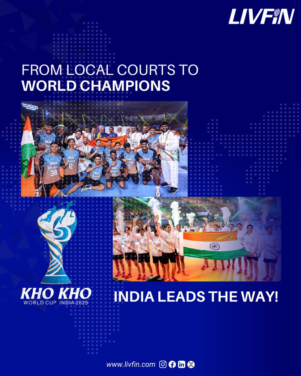 LivfinF's tweet photo. The Kho Kho World Cup victory celebrates India’s traditions going global! 🌍

At LivFin, we share the same values—teamwork, passion, and drive. This win proves that heritage and hard work lead to greatness.

Let’s celebrate this proud moment for India! 🇮🇳

#KhoKhoWorldCup #LivFin https://t.co/NSvuLZjMba