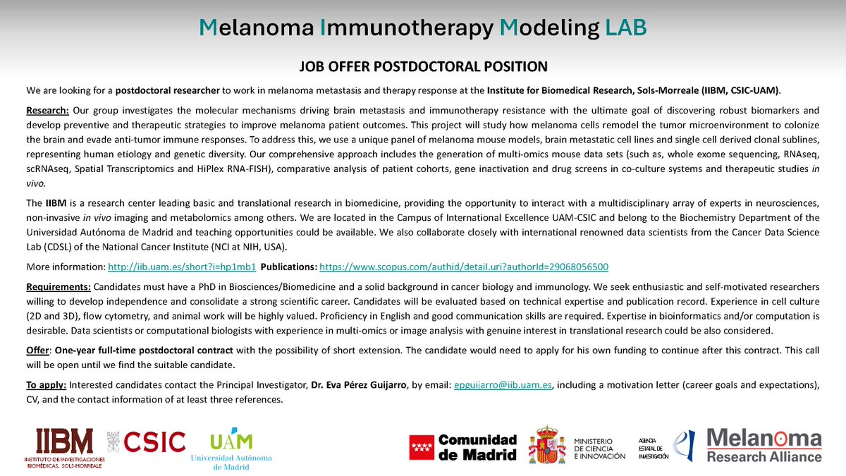 🔔📢We're HIRING!!!
Are you interested in #metastasis and #CancerImmunology? Are you looking for opportunities to develop a strong scientific career?
We offer a postdoc position at <a href="/IIBmCSICUAM/">IIBM</a> 
Contact us!! 👇
