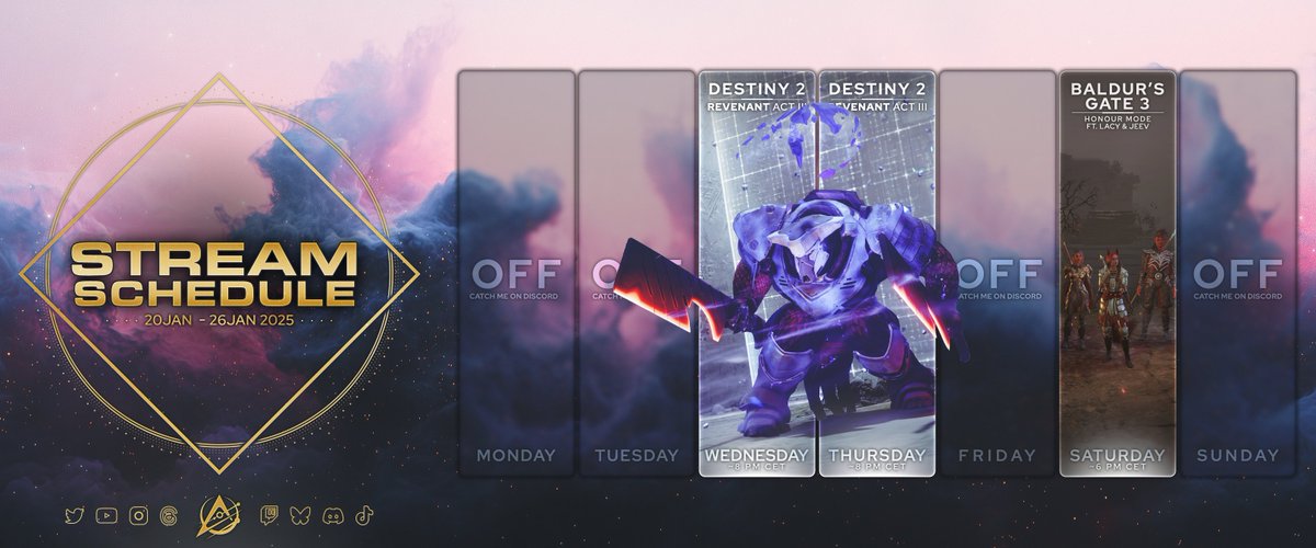 Ayanosaur's tweet photo. 🗓️ Stream schedule for this week
✨ 20.01 - 26.01.2025 ✨
• Catching up with Destiny 2
• Baldur's Gate 3 Honour mode playthrough continues
See you on Twitch ❤️ Have a lovely week all!
#twitch #stream #schedule #destinystream #destinystreamer #bg3 #streamer https://t.co/43i6ipvOmL