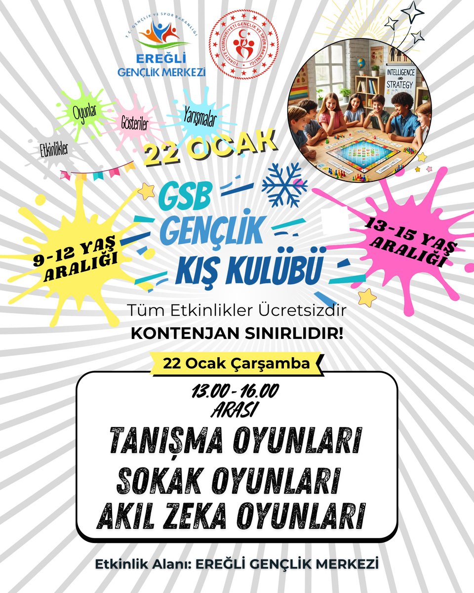 GSB GENÇLİK KIŞ KULÜBÜ Etkinliklerimize bekliyoruz 🎉♟️🤹

🔻9-12/13-15 Yaş Aralığı 
🕑13.00-16.00

Katılım linki 👉 forms.gle/NaBH2eVF1QrBig…