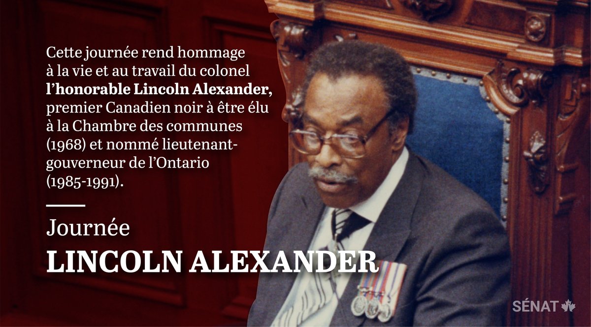 Le Sénat du Canada (@senatca) on Twitter photo Au Canada, le 21 janvier est la Journée Lincoln Alexander, grâce à un projet de loi du Sénat adopté en 2014. Parmi ses réalisations, Lincoln Alexander a été le 1er député noir à <a href="/NosCommunes/">Chambre des communes</a>, ainsi que le 1er lieutenant-gouverneur noir du pays.
#SenCA Au Canada, le 21 janvier est la Journée Lincoln Alexander, grâce à un projet de loi du Sénat adopté en 2014. Parmi ses réalisations, Lincoln Alexander a été le 1er député noir à <a href="/NosCommunes/">Chambre des communes</a>, ainsi que le 1er lieutenant-gouverneur noir du pays.
#SenCA