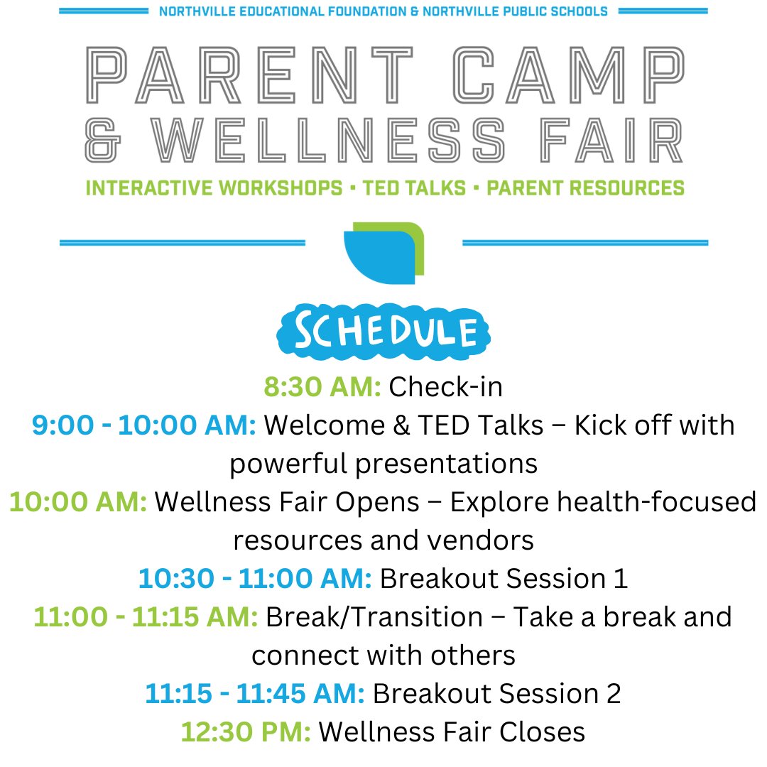 🌟 Save the Date: Parent Camp &amp; Wellness Fair! 🌟
Saturday, February 1, 2025
9:00 AM – 12:30 PM
Northville High School
Free and open to all!

We’re excited to share the jam-packed schedule for this event!

🎉 Special thanks to our Presenting Sponsor, Seen Vision of Northville.