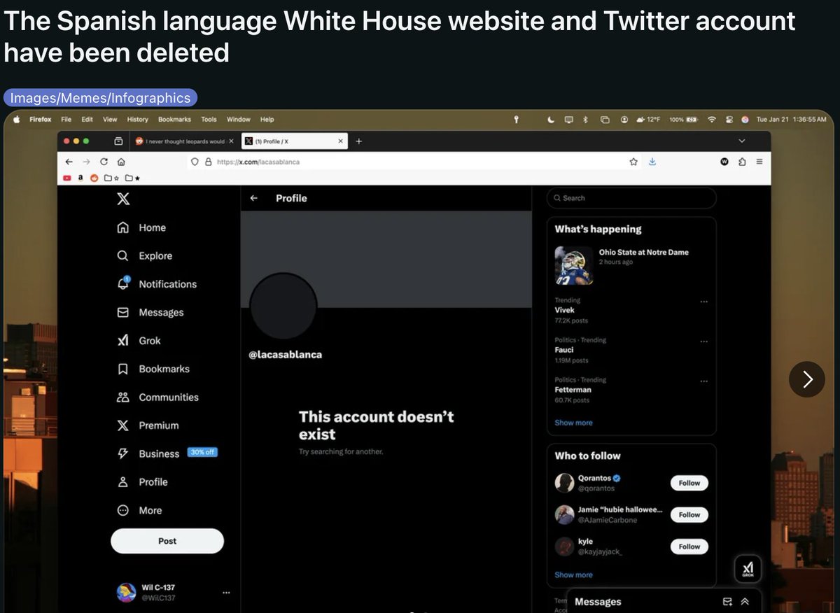 demobrattt's tweet photo. Another user pointed out that similarly the White House's Spanish language twitter account has also mysteriously vanished. hmmmm🤔🤔🤔 https://t.co/jENxbACGhq