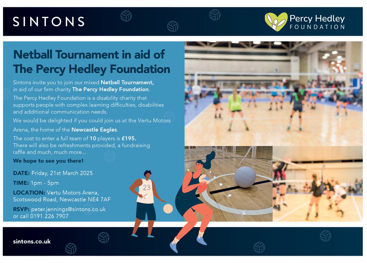 Sintons LLP (@sintonslaw) on Twitter photo Sintons invite you to join our mixed Netball Tournament, in aid of our firm charity <a href="/percyhedley/">The Percy Hedley Foundation</a> - We would be delighted if you could join us at the Vertu Motors Arena, the home of the <a href="/NewcastleEagle/">Newcastle Eagles</a> tinyurl.com/43btk36s #Charity #CSR Sintons invite you to join our mixed Netball Tournament, in aid of our firm charity <a href="/percyhedley/">The Percy Hedley Foundation</a> - We would be delighted if you could join us at the Vertu Motors Arena, the home of the <a href="/NewcastleEagle/">Newcastle Eagles</a> tinyurl.com/43btk36s #Charity #CSR