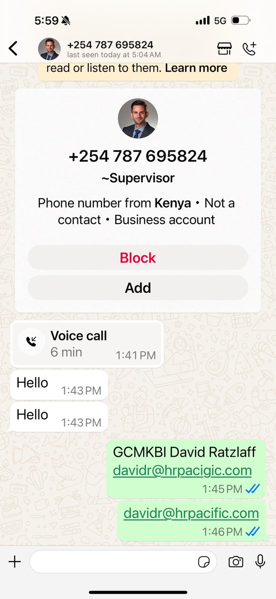 HRPacific's tweet photo. @WestJet40X I need to know if this is one of your supervisors.  This is who contacted me after our issue yesterday.  It’s from Kenya so seems suspicious   He seemed like part of WestJet https://t.co/bTP1k4JDgM
